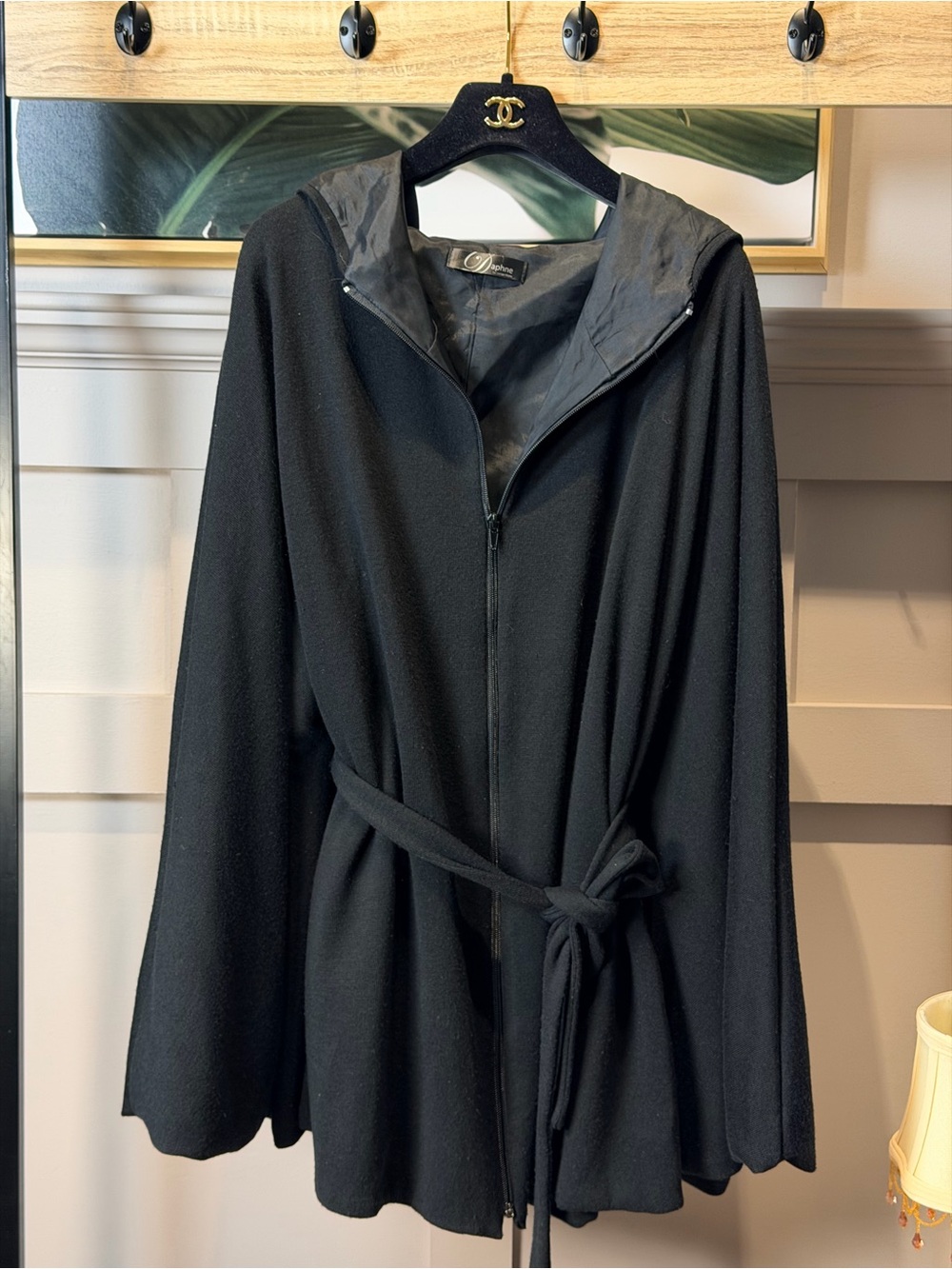 Classic Black Hooded Belted Coat - Women's Jacket one size